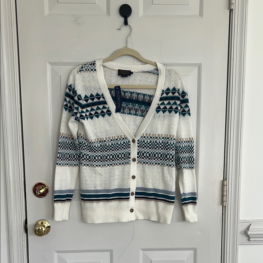 Women's White and Blue Patterned Cardigan